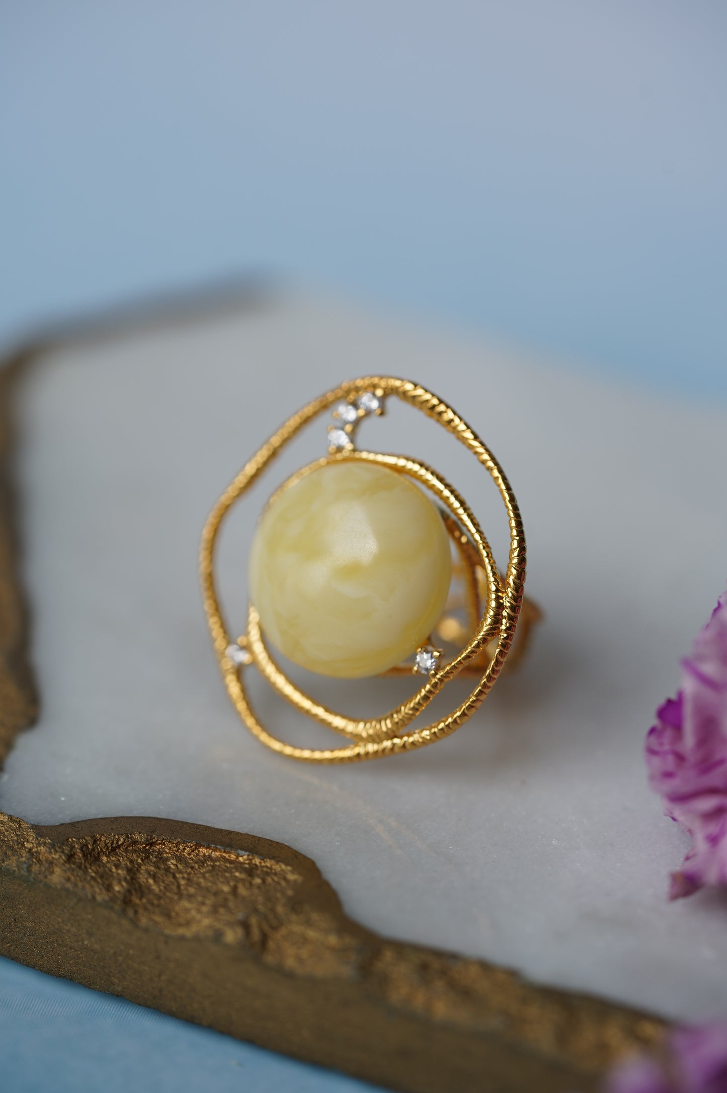 Delicate Round Irregular Royal White Amber Ring with Cubic Zirconias in Gold Plated Silver