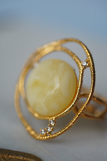 Delicate Round Irregular Royal White Amber Ring with Cubic Zirconias in Gold Plated Silver