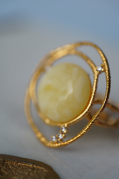 Delicate Round Irregular Royal White Amber Ring with Cubic Zirconias in Gold Plated Silver