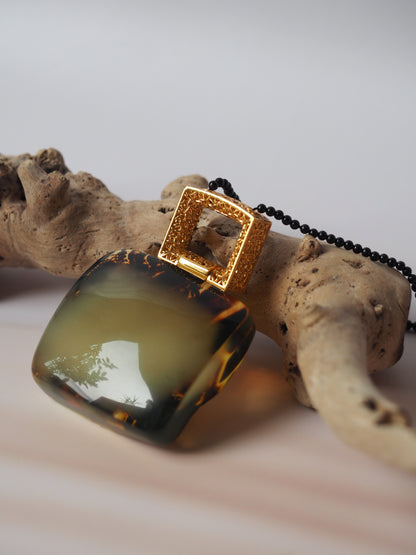 Huge Green Amber Necklace with Black Onyx Necklace and Gold Plated Frame