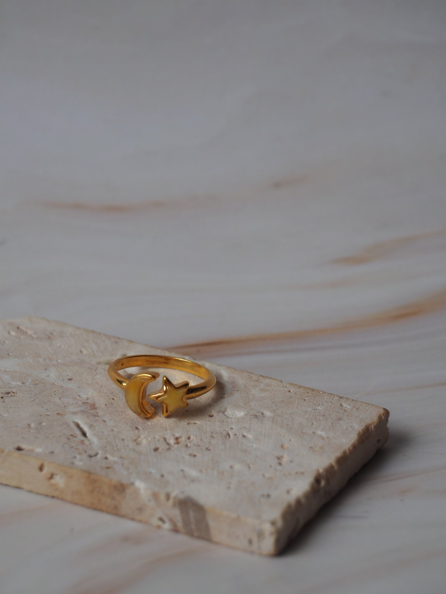 Moon and Star Milk Amber Gold Plated Adjustable Ring