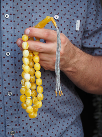 Royal White / Butterscotch Olive Shape Amber Rosary / Misbaha With Tiger Beads And Certificate