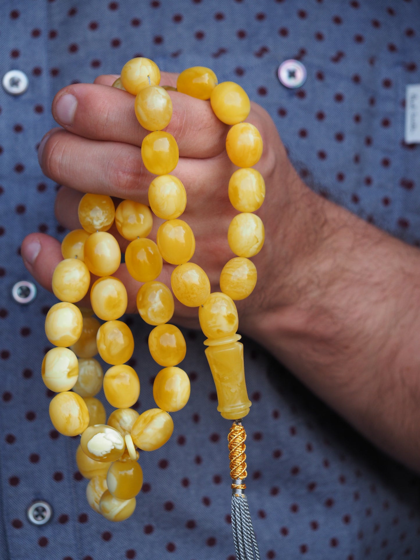 Royal White / Butterscotch Olive Shape Amber Rosary / Misbaha With Tiger Beads And Certificate