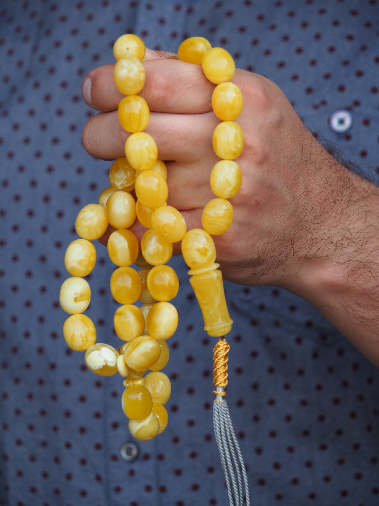 Royal White / Butterscotch Olive Shape Amber Rosary / Misbaha With Tiger Beads And Certificate