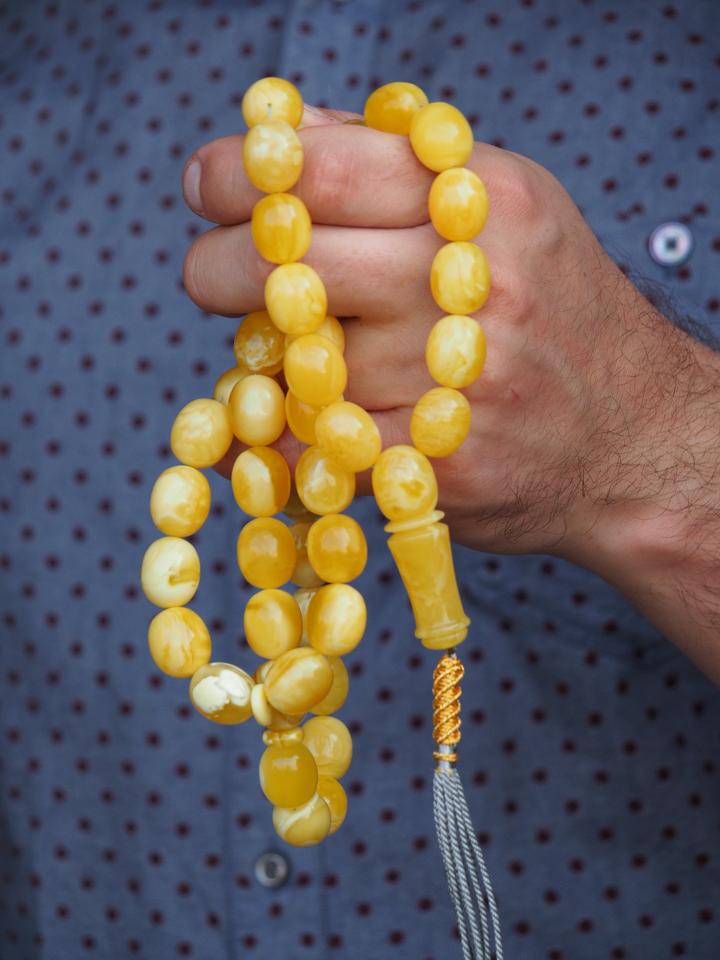 Royal White / Butterscotch Olive Shape Amber Rosary / Misbaha With Tiger Beads And Certificate