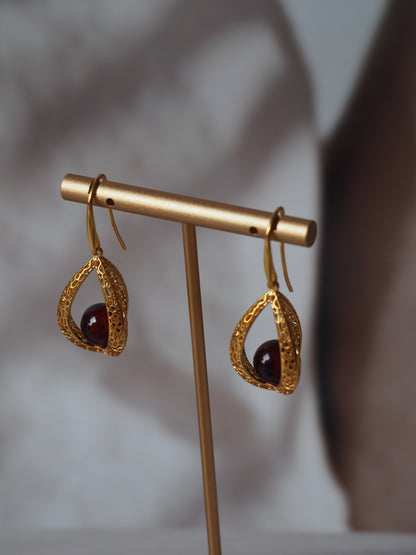 Triangle Cherry Amber Dangling Earrings with Gold Plated Silver Frame