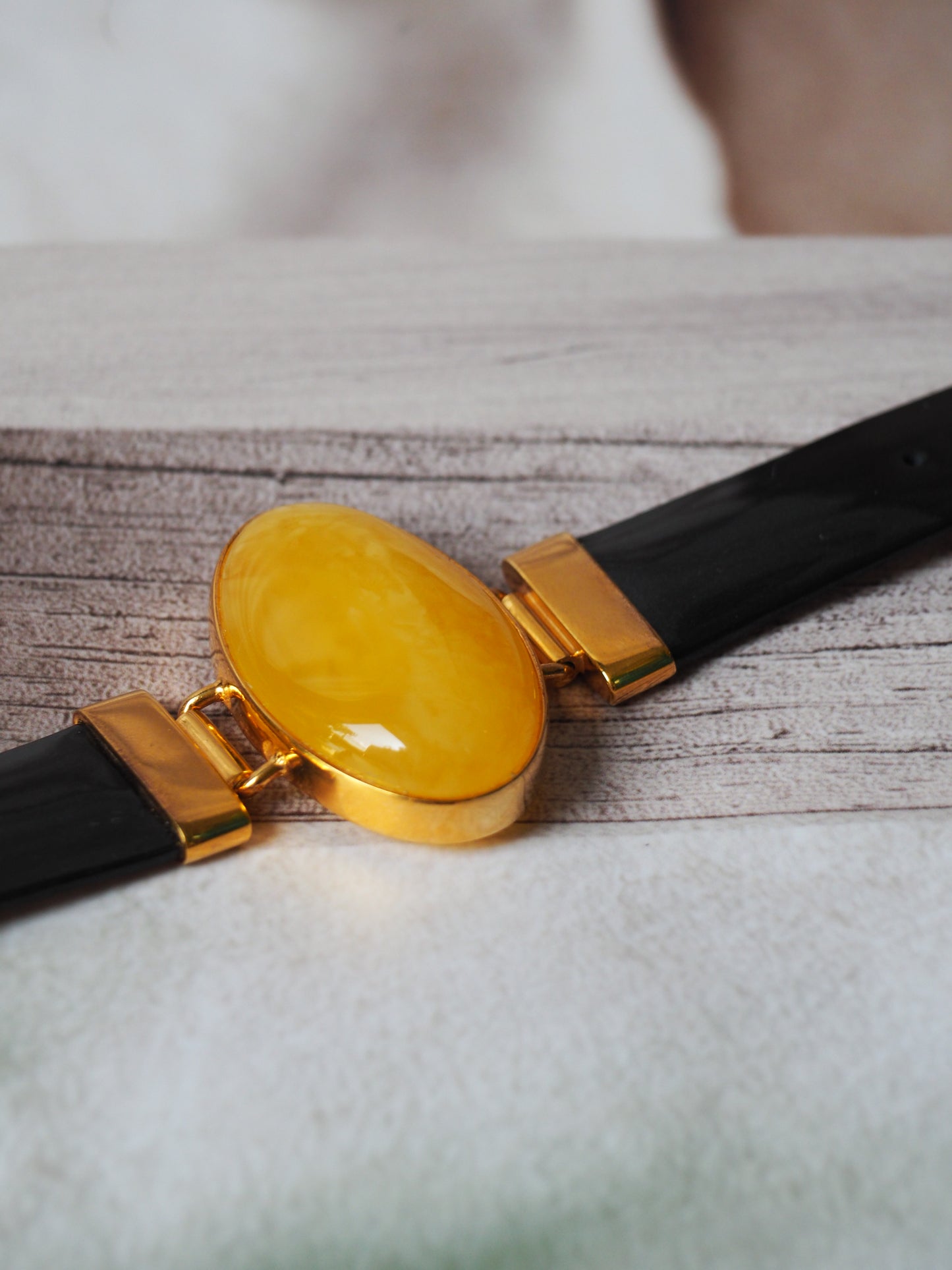 Leather Strapped Butterscotch Amber Bracelet with 14k Gold Plated Silver Frame and Patent Leather Strap