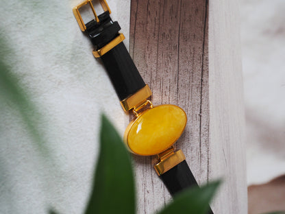 Leather Strapped Butterscotch Amber Bracelet with 14k Gold Plated Silver Frame and Patent Leather Strap