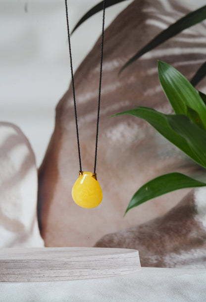 Huge Cat Shaped Natural Butterscotch Amber Pendant with Black Onyx Chain and Gold Plated Silver