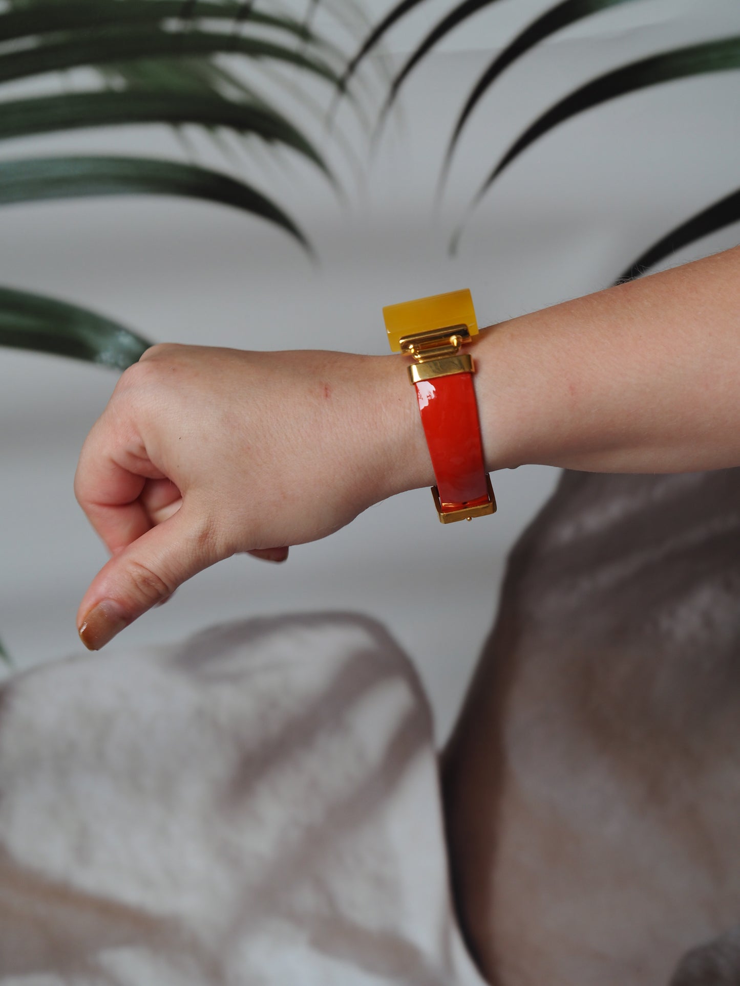 Red/Orange Patent Leather Strapped Rectangular Honey Amber Bracelet 14k Gold Plated Silver