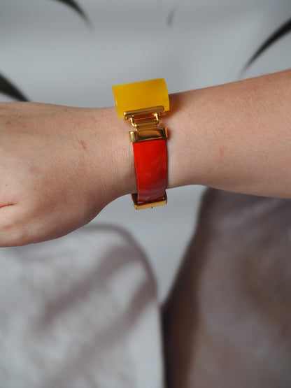 Red/Orange Patent Leather Strapped Rectangular Honey Amber Bracelet 14k Gold Plated Silver