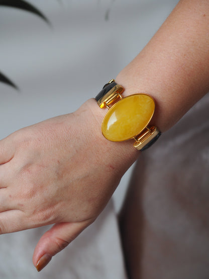 Leather Strapped Butterscotch Amber Bracelet with 14k Gold Plated Silver Frame and Patent Leather Strap