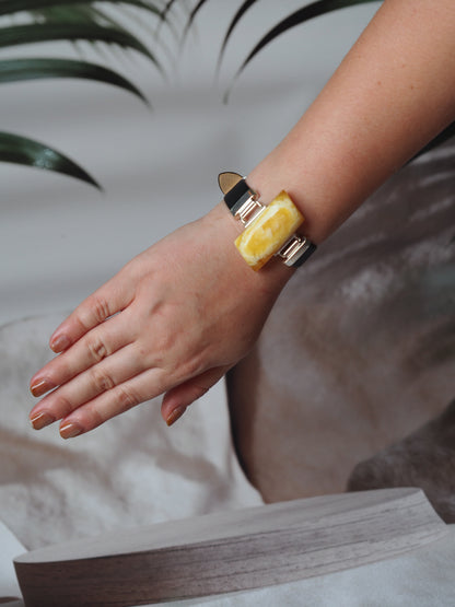 Leather Strapped Rectangular Butterscotch Amber Bracelet with Silver Frame