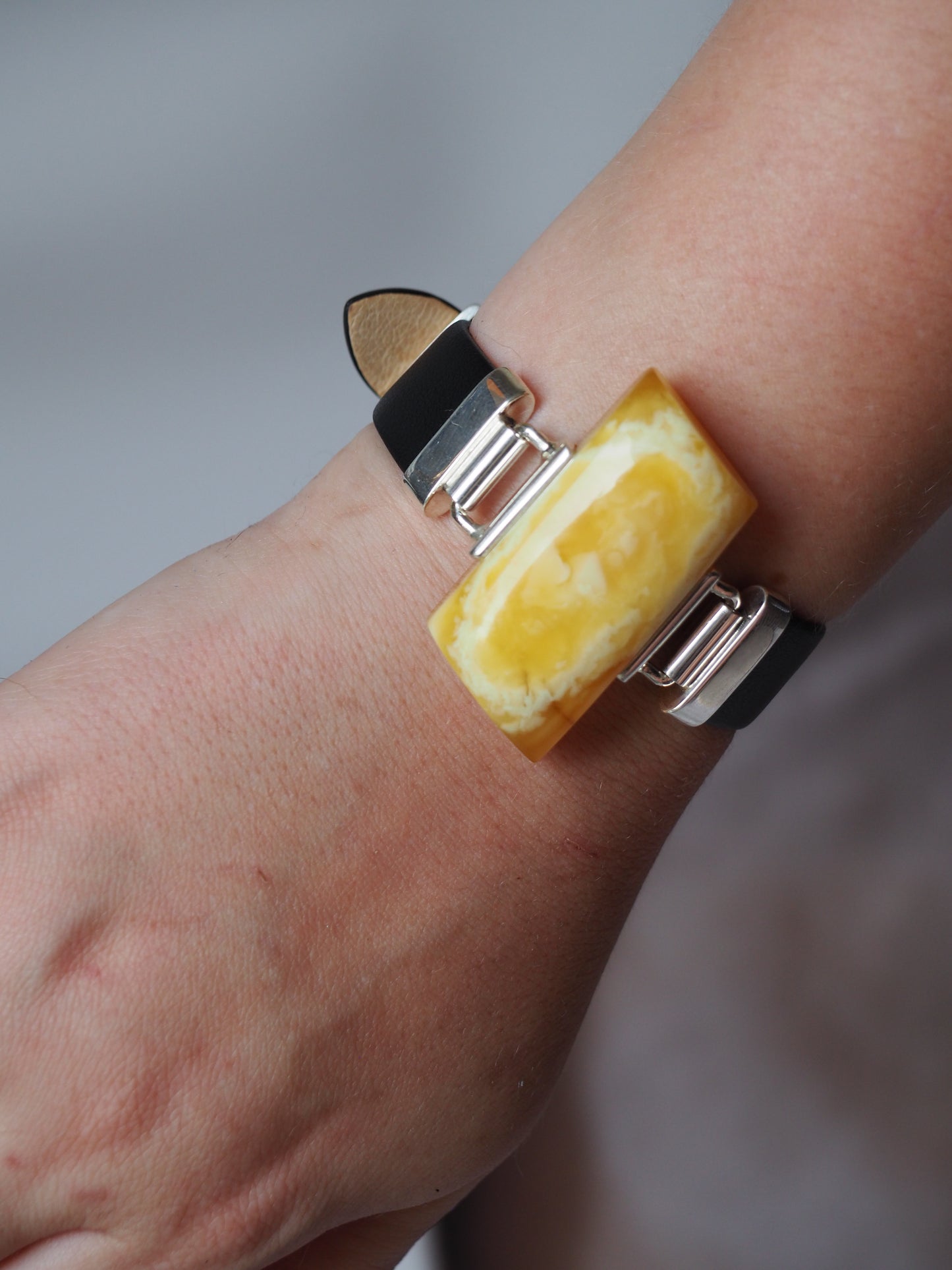 Leather Strapped Rectangular Butterscotch Amber Bracelet with Silver Frame