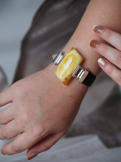 Leather Strapped Rectangular Butterscotch Amber Bracelet with Silver Frame