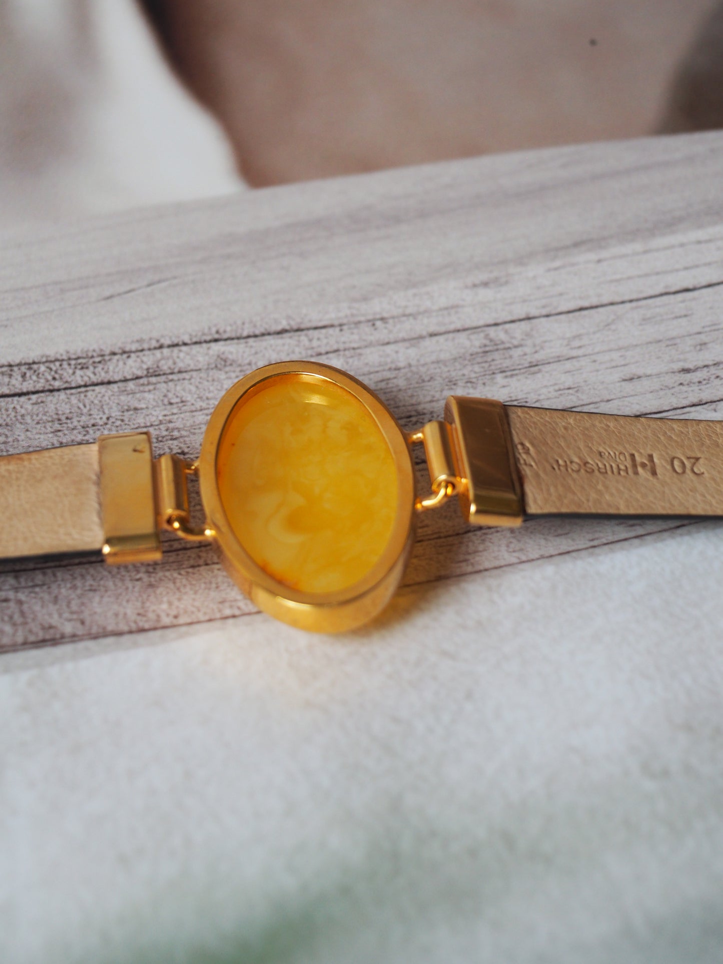 Leather Strapped Butterscotch Amber Bracelet with 14k Gold Plated Silver Frame and Patent Leather Strap