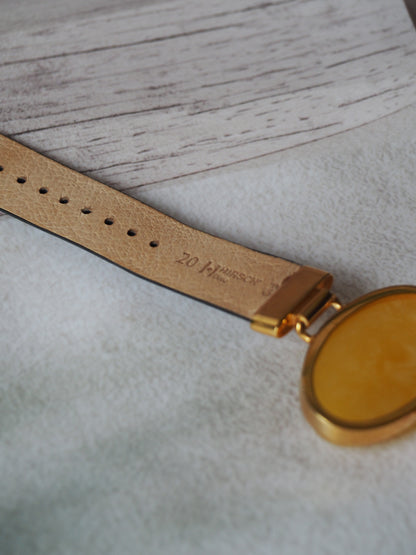 Leather Strapped Butterscotch Amber Bracelet with 14k Gold Plated Silver Frame and Patent Leather Strap