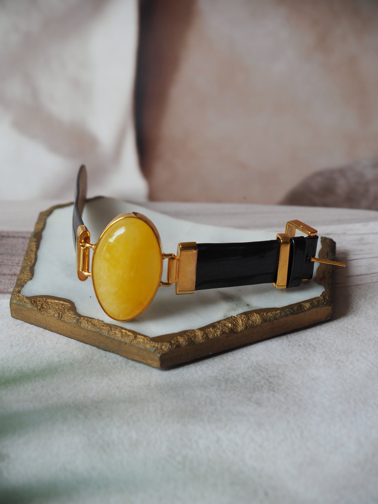 Leather Strapped Butterscotch Amber Bracelet with 14k Gold Plated Silver Frame and Patent Leather Strap