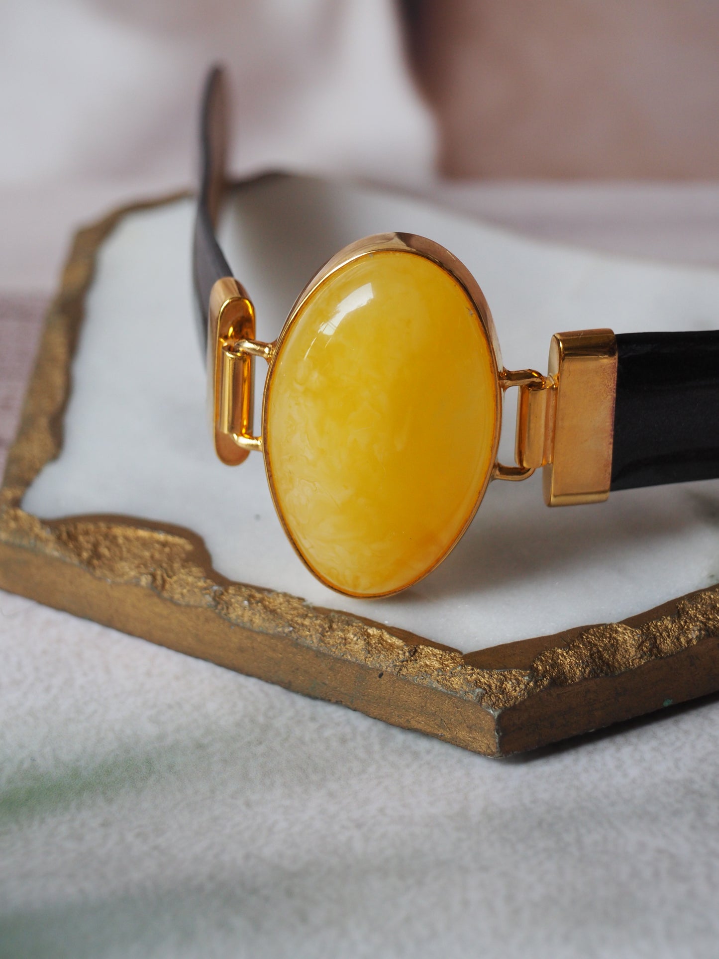 Leather Strapped Butterscotch Amber Bracelet with 14k Gold Plated Silver Frame and Patent Leather Strap