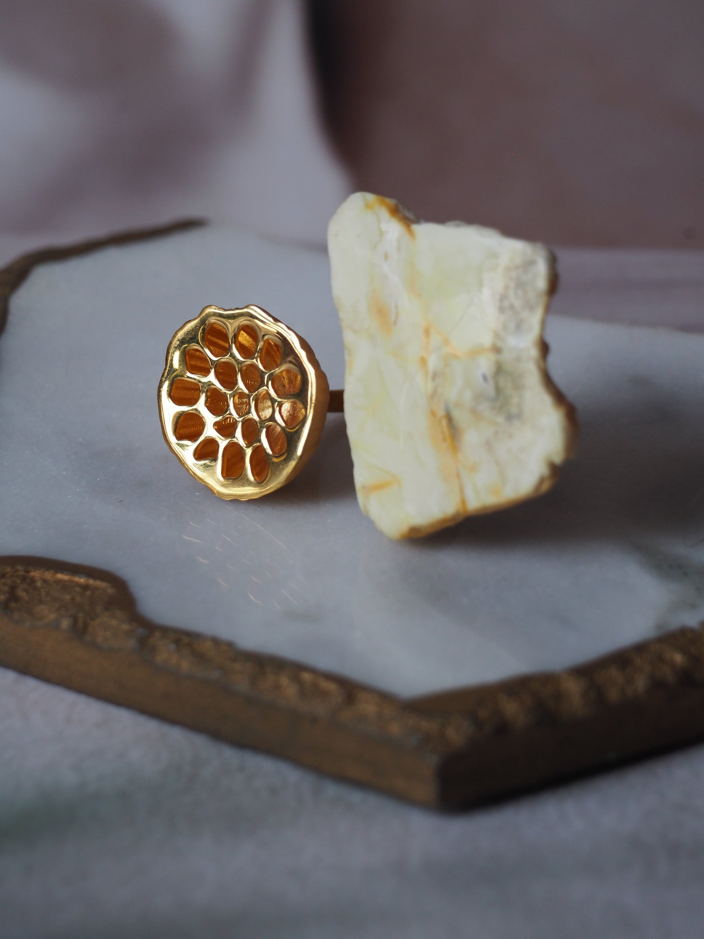 Irregular Raw Royal White Amber Ring in Matt 14k Gold Plated Silver Frame in Lotus Pod Shape