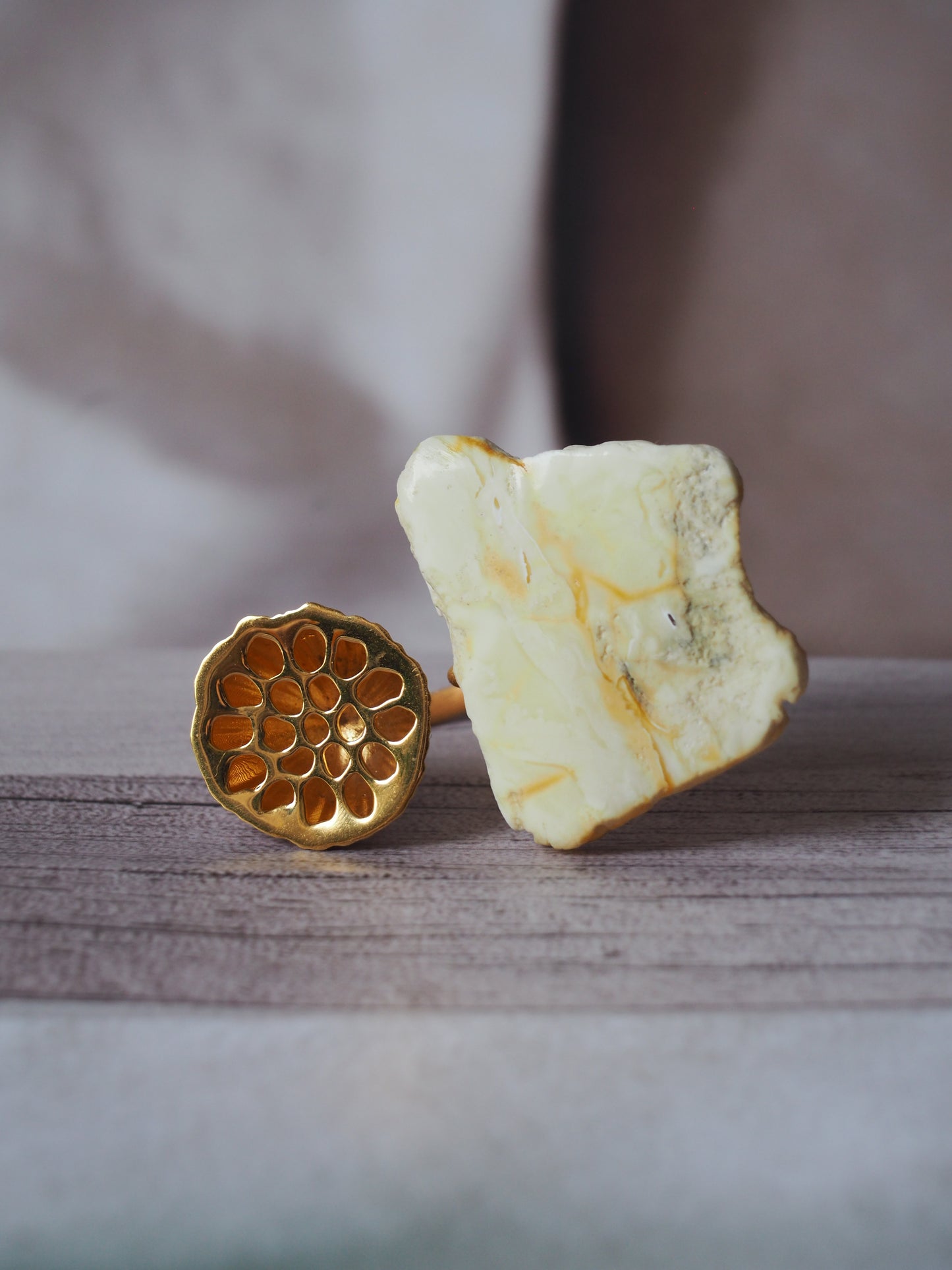 Irregular Raw Royal White Amber Ring in Matt 14k Gold Plated Silver Frame in Lotus Pod Shape