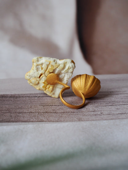 Irregular Raw Royal White Amber Ring in Matt 14k Gold Plated Silver Frame in Lotus Pod Shape