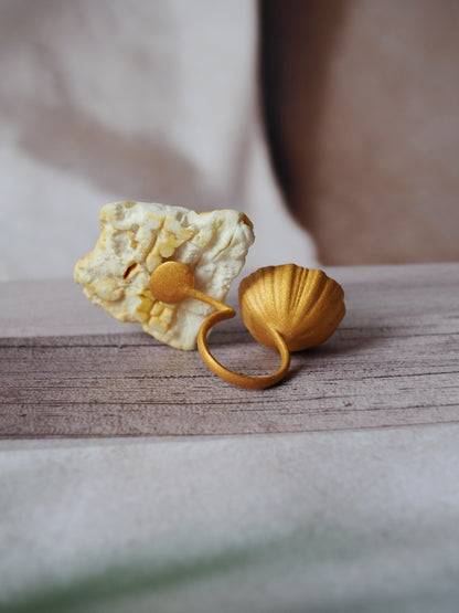 Irregular Raw Royal White Amber Ring in Matt 14k Gold Plated Silver Frame in Lotus Pod Shape