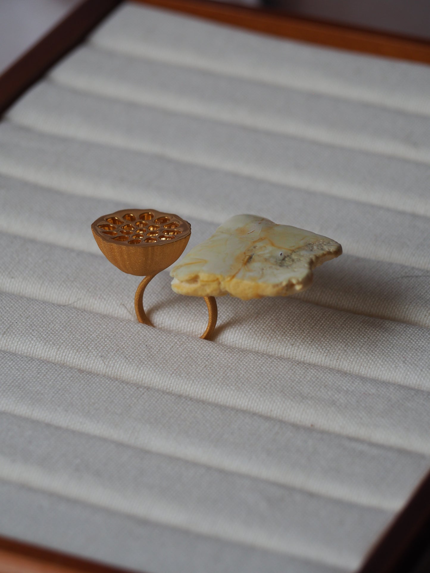 Irregular Raw Royal White Amber Ring in Matt 14k Gold Plated Silver Frame in Lotus Pod Shape