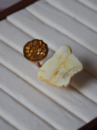 Irregular Raw Royal White Amber Ring in Matt 14k Gold Plated Silver Frame in Lotus Pod Shape