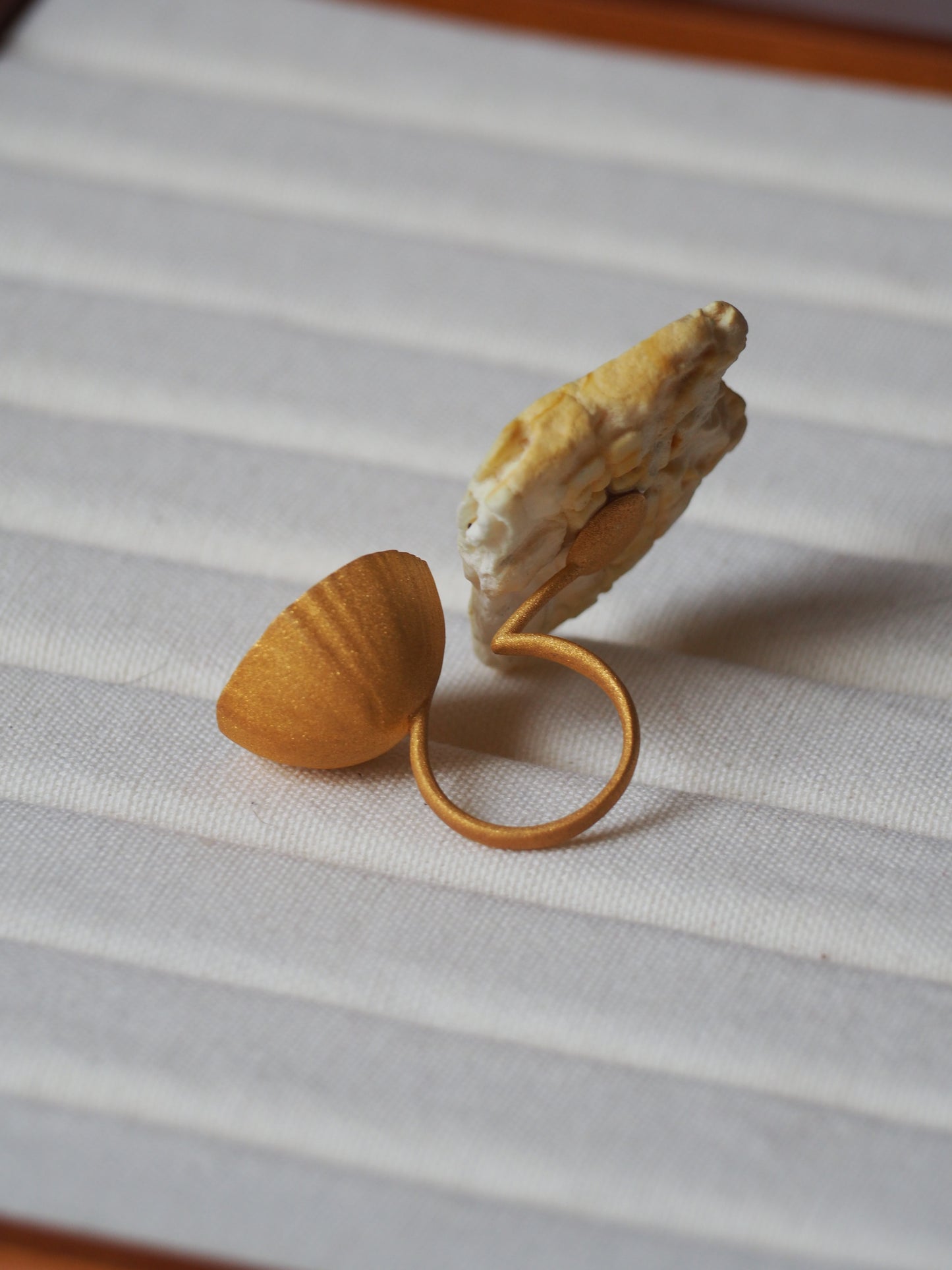 Irregular Raw Royal White Amber Ring in Matt 14k Gold Plated Silver Frame in Lotus Pod Shape