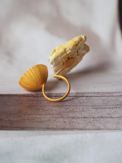 Irregular Raw Royal White Amber Ring in Matt 14k Gold Plated Silver Frame in Lotus Pod Shape