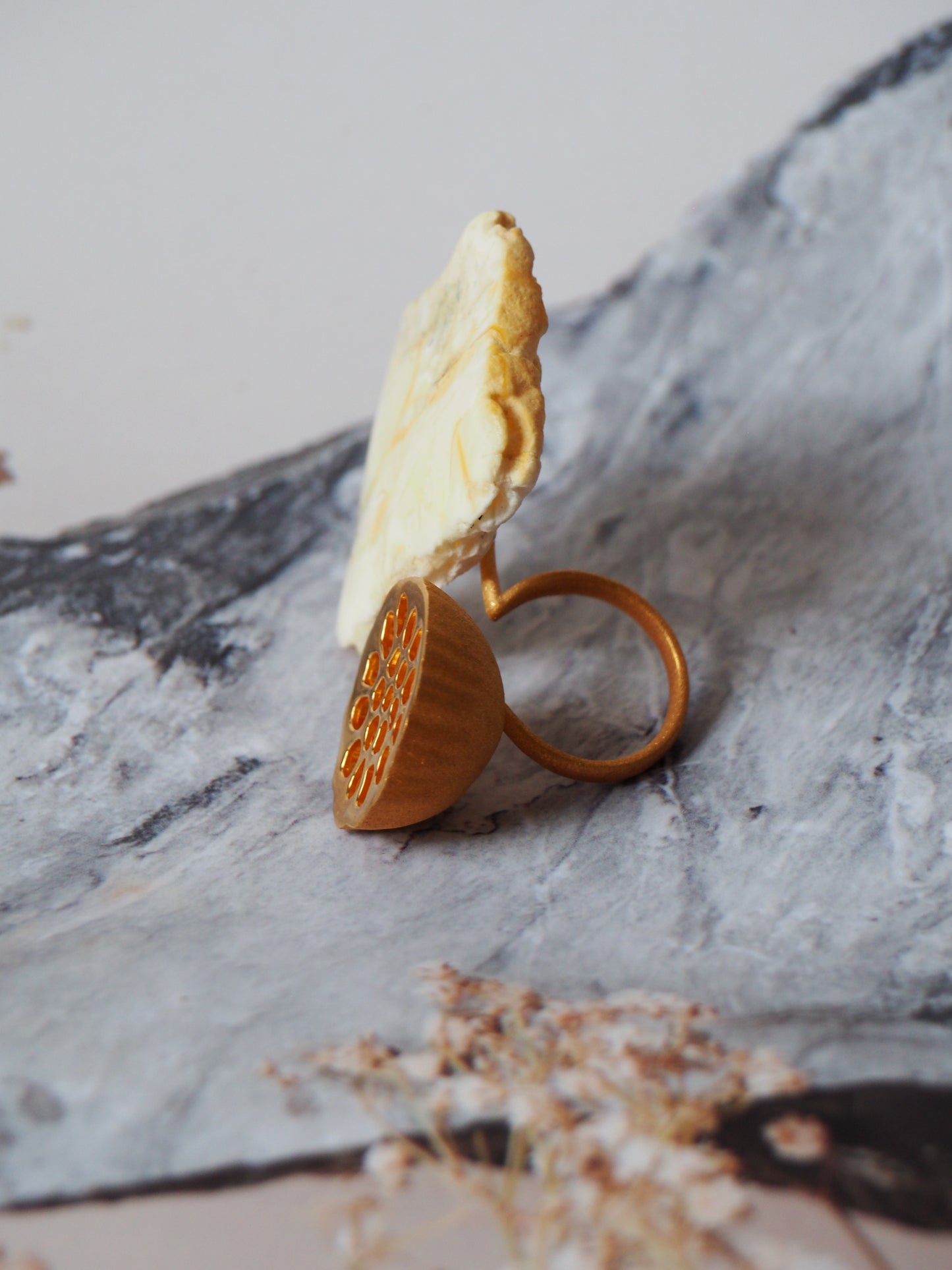 Irregular Raw Royal White Amber Ring in Matt 14k Gold Plated Silver Frame in Lotus Pod Shape