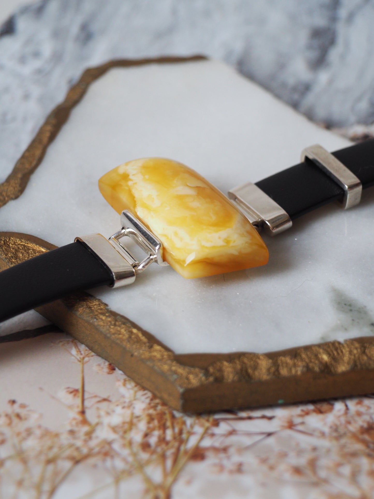 Leather Strapped Rectangular Butterscotch Amber Bracelet with Silver Frame