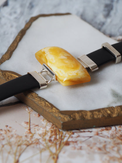 Leather Strapped Rectangular Butterscotch Amber Bracelet with Silver Frame