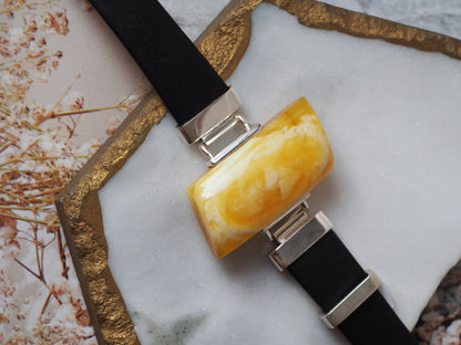 Leather Strapped Rectangular Butterscotch Amber Bracelet with Silver Frame