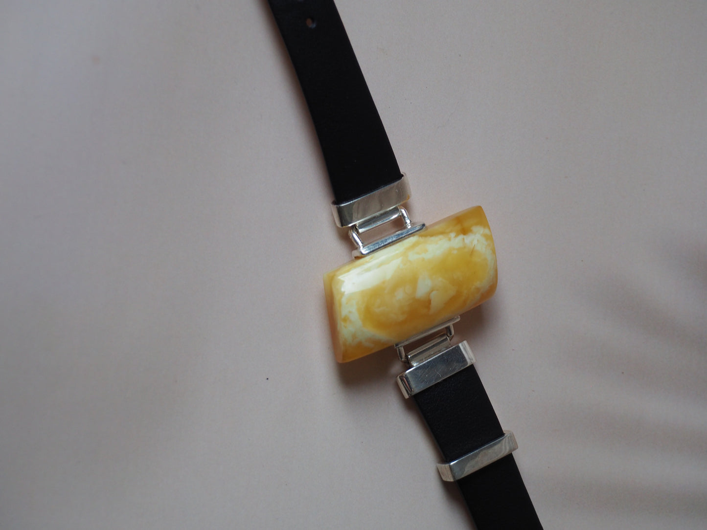 Leather Strapped Rectangular Butterscotch Amber Bracelet with Silver Frame