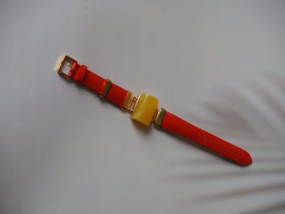 Red/Orange Patent Leather Strapped Rectangular Honey Amber Bracelet 14k Gold Plated Silver