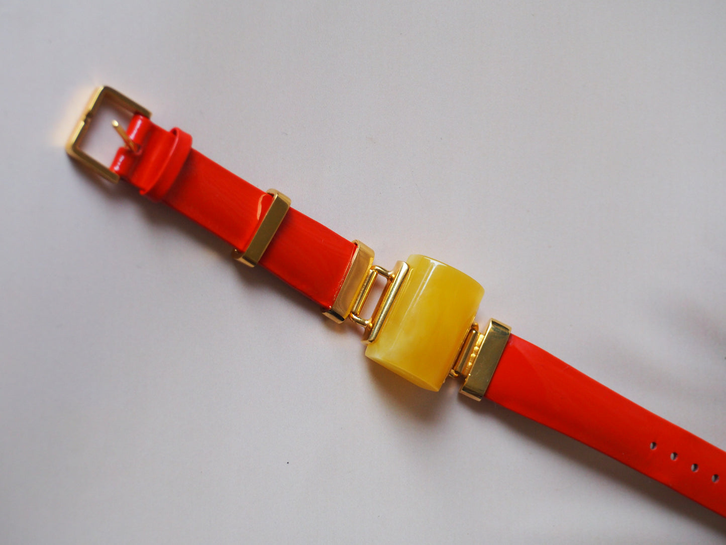 Red/Orange Patent Leather Strapped Rectangular Honey Amber Bracelet 14k Gold Plated Silver