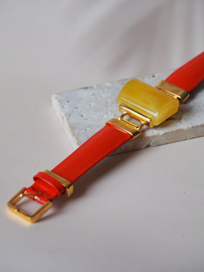 Red/Orange Patent Leather Strapped Rectangular Honey Amber Bracelet 14k Gold Plated Silver