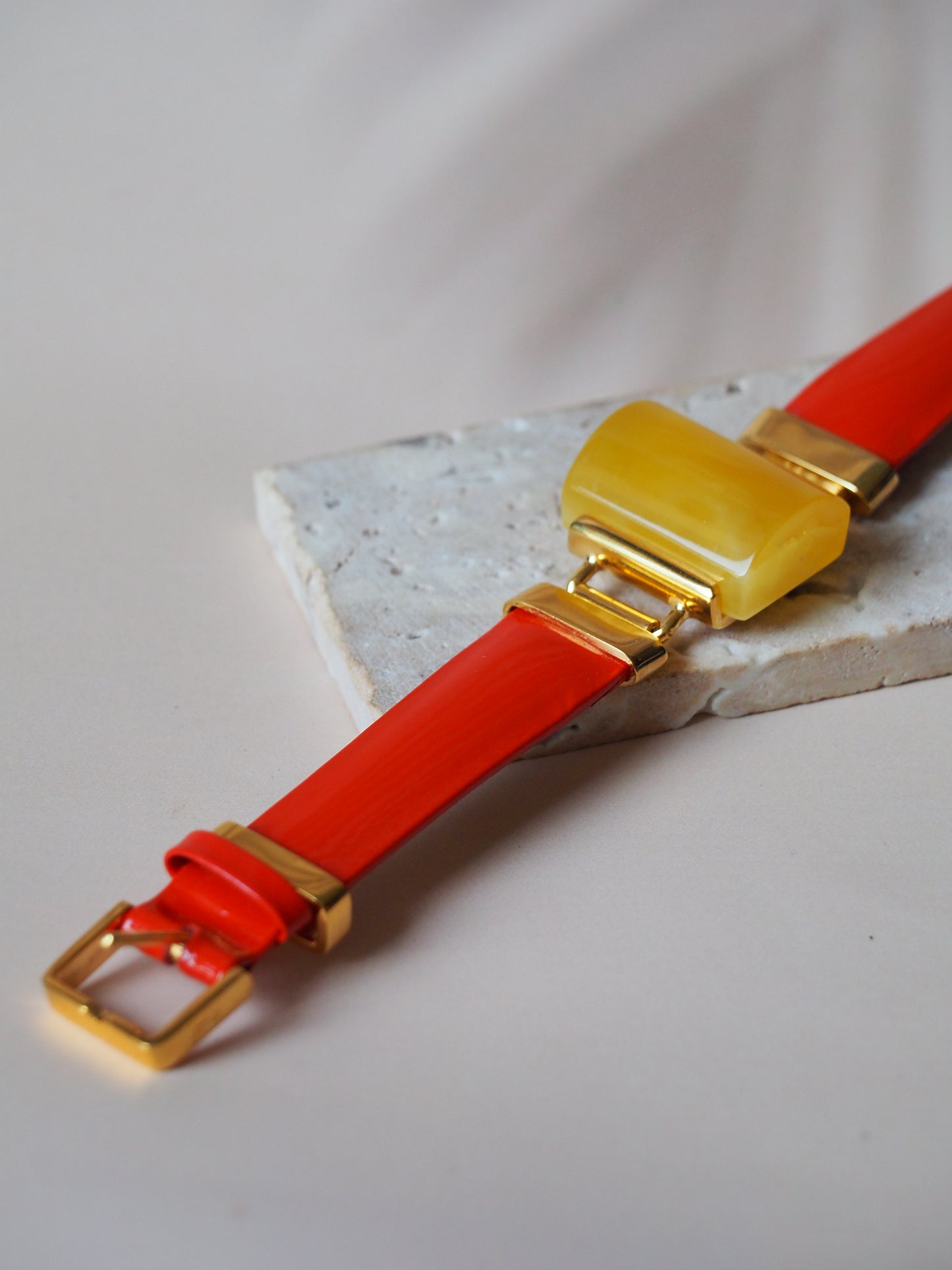 Red/Orange Patent Leather Strapped Rectangular Honey Amber Bracelet 14k Gold Plated Silver