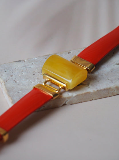 Red/Orange Patent Leather Strapped Rectangular Honey Amber Bracelet 14k Gold Plated Silver