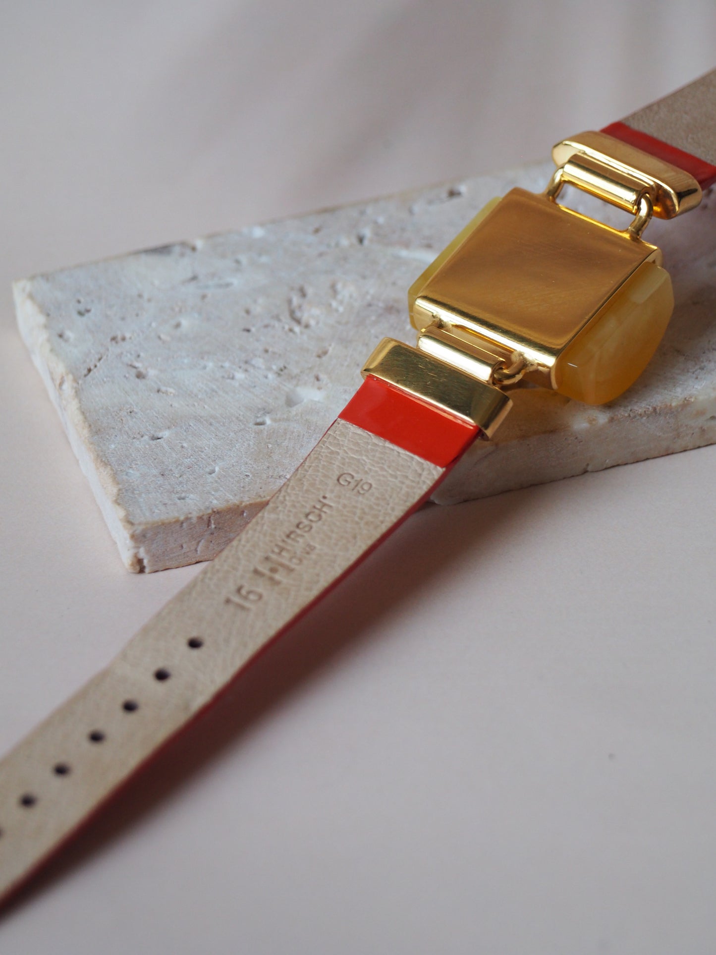 Red/Orange Patent Leather Strapped Rectangular Honey Amber Bracelet 14k Gold Plated Silver