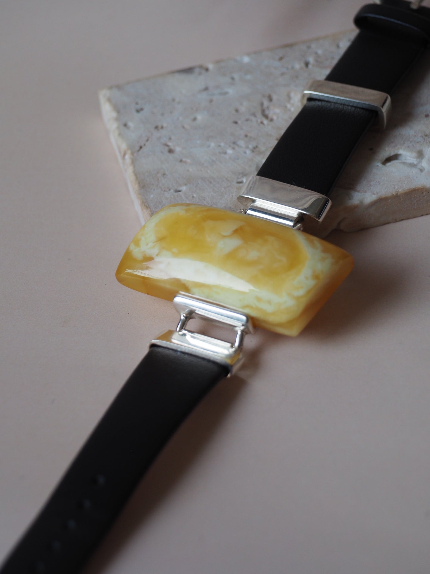 Leather Strapped Rectangular Butterscotch Amber Bracelet with Silver Frame