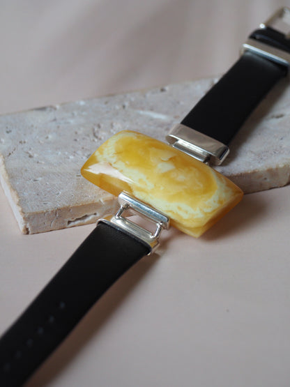 Leather Strapped Rectangular Butterscotch Amber Bracelet with Silver Frame