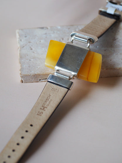 Leather Strapped Rectangular Butterscotch Amber Bracelet with Silver Frame