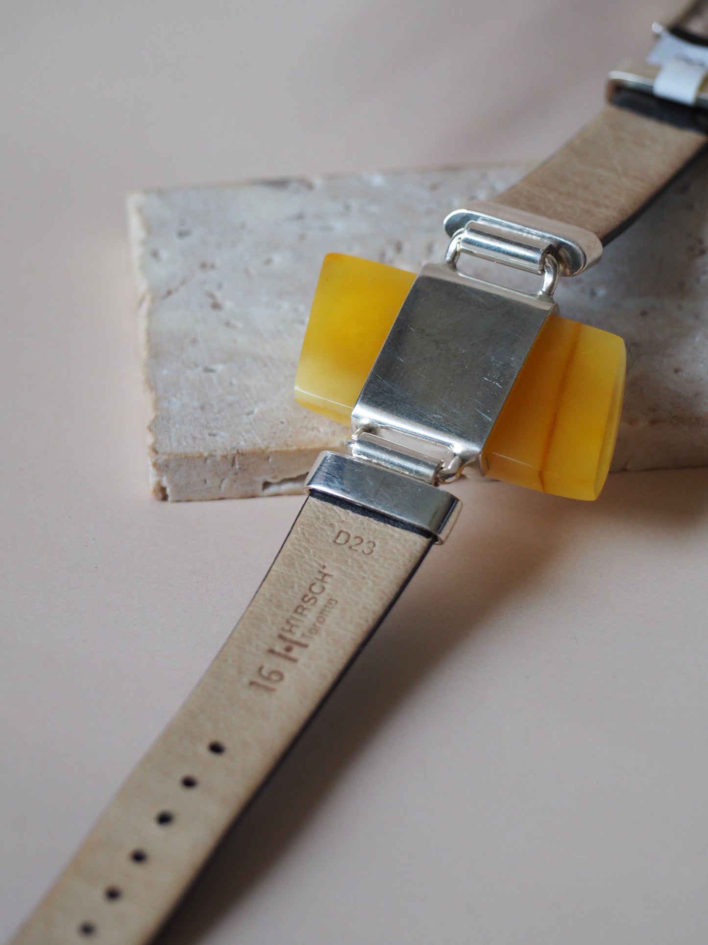 Leather Strapped Rectangular Butterscotch Amber Bracelet with Silver Frame