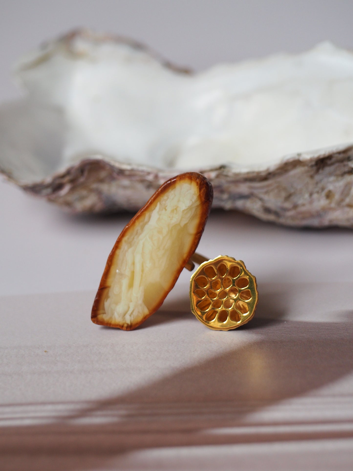 Unique Natural Amber Honeycomb Ring with Lotus Flower Pod and Matt Finish Gold Plated Silver