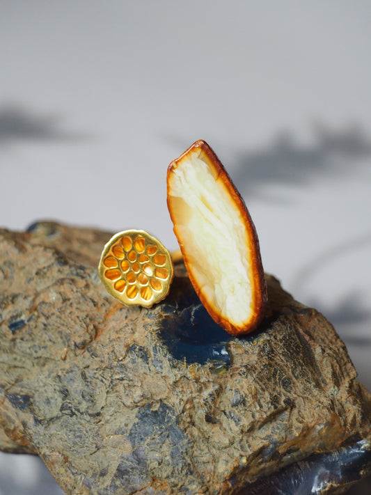 Unique Natural Amber Honeycomb Ring with Lotus Flower Pod and Matt Finish Gold Plated Silver