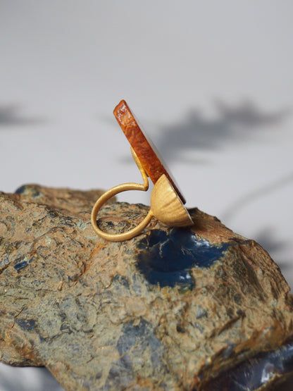 Unique Natural Amber Honeycomb Ring with Lotus Flower Pod and Matt Finish Gold Plated Silver