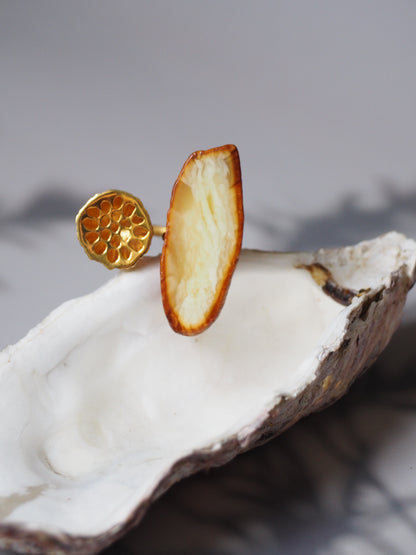 Unique Natural Amber Honeycomb Ring with Lotus Flower Pod and Matt Finish Gold Plated Silver